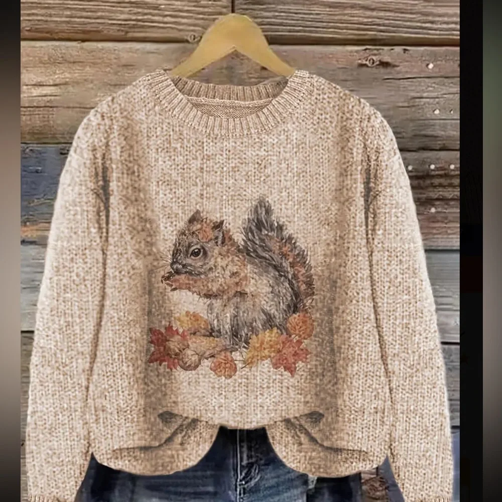 Fall Squirrel Graphic Sweater Cozy Crewneck Autumn Thanksgiving Pullover - Picture 2 of 13